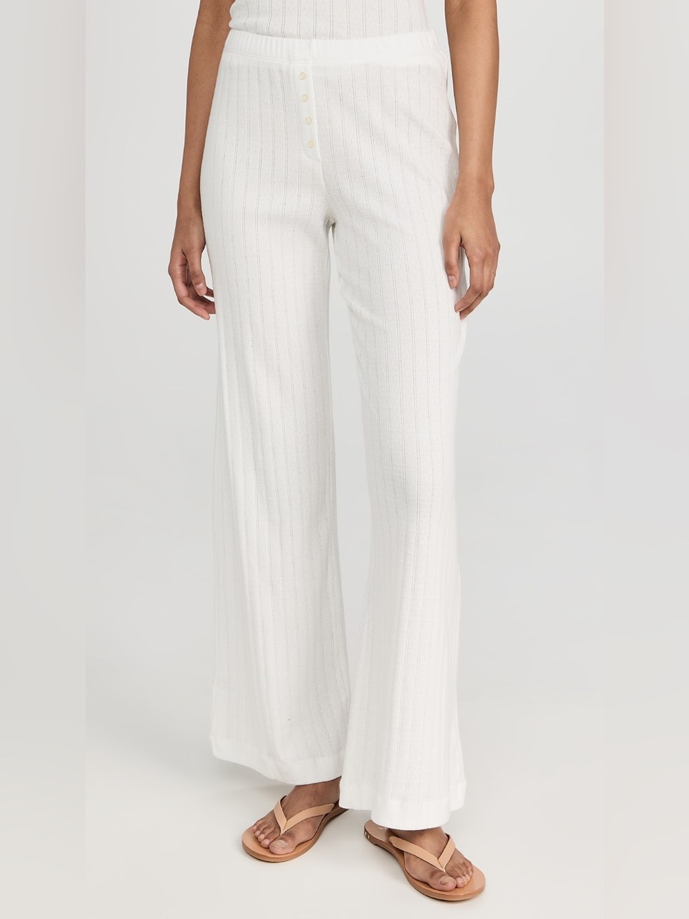 LESET Pointelle 100% Cotton Pants Ribbed Wide-Leg Knit in White XS